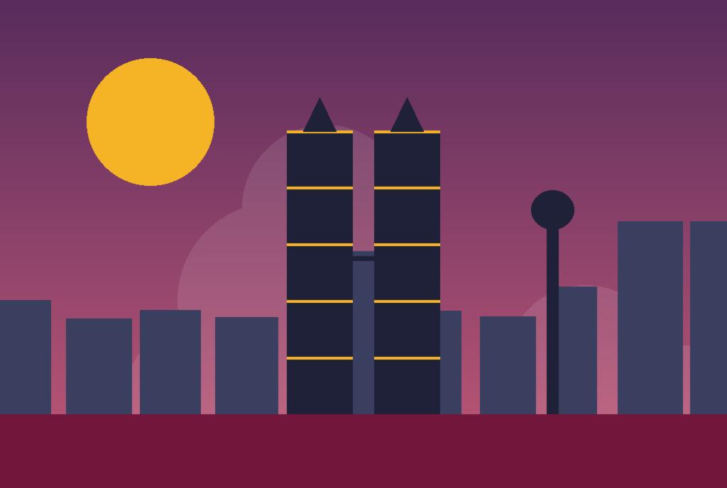 Kuala Lumpur skyline at dusk with the city lighting up